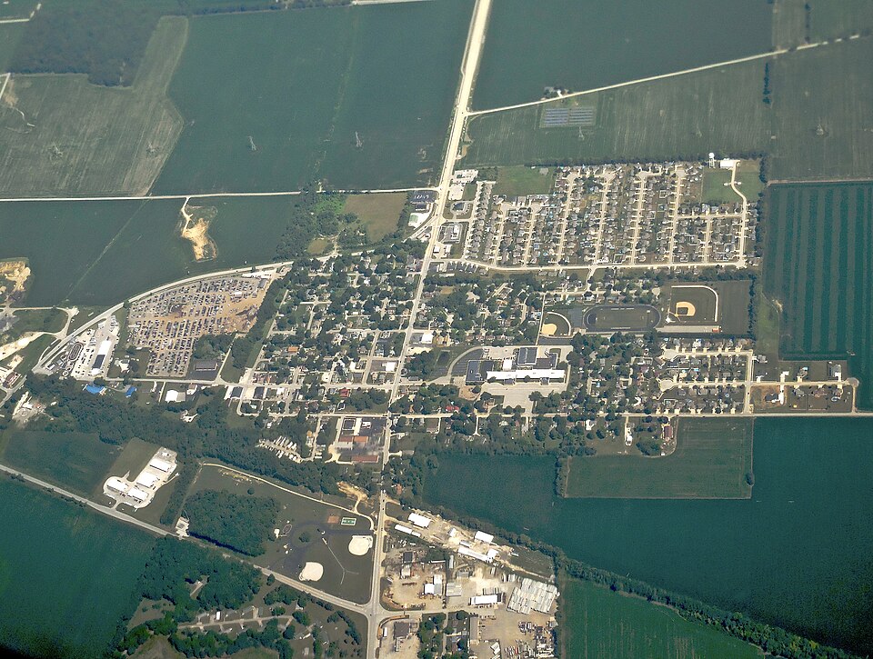 Aerial view of Pawnee town square with the historic courthouse and surrounding buildings